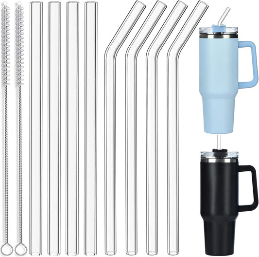 ALINK 8 Pack Replacement Glass Straws for Stanley 40 oz 30 oz Tumbler, 12 in Long Reusable Clear Straws for Stanley Cup Accessories, Half Gallon Bottle, Plus 2 Cleaning Brush