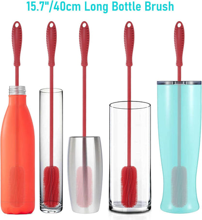 Silicone Bottle Cleaning Brush with Long Handle, 12.5" Water Bottle Cleaner for Baby Bottles, Hydro Flask, Sports Bottle, Vase, Glassware, Perfect for Smaller Diameter Bottle Openings (One Pack)