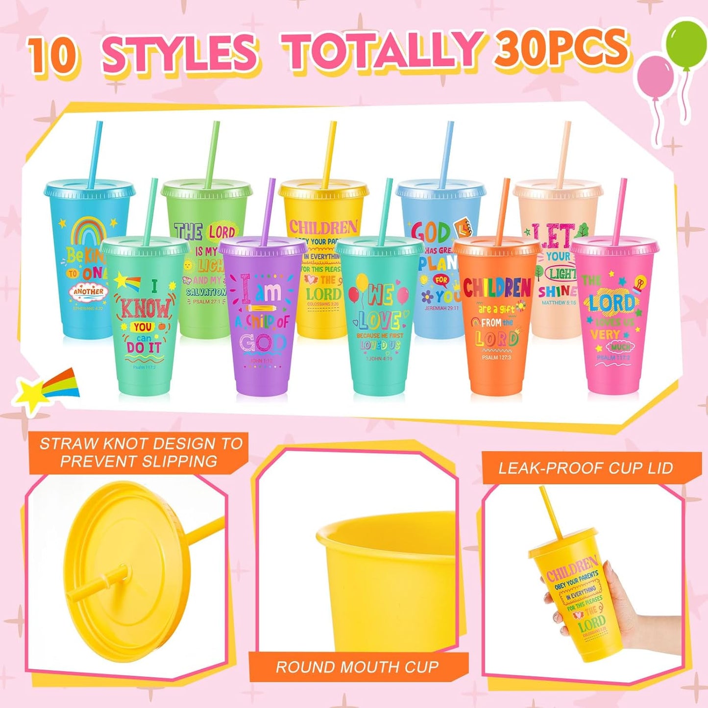 Uiifan 10 Pcs Christian Tumblers with Straws for Kids, Bible Verse Cups for VBS, Sunday School, Church Party Favors and Faith Gifts, Reusable Plastic Tumblers with Lids, 24 oz, White