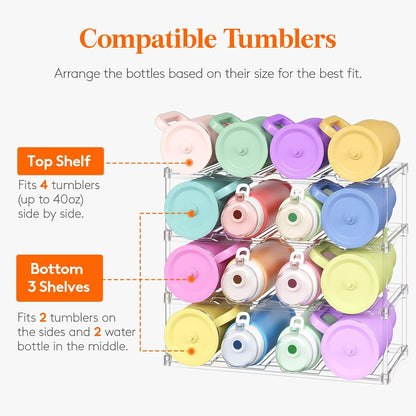 Lifewit Stackable Bottle Storage Organizer, Clear Freestanding Wine Holder for Cabinet, Large Slot Water Bottle Tumbler Cup Organizer for Pantry, Plastic Wine Rack for Fridge Cellar, 3Tier Hold 9