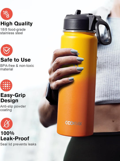 Half Gallon Water Bottle Insulated with Straw & 3 Lids, Coolflask 64 oz Water Jug Large Metal Stainless Steel Wide Mouth for Sports, Gym or Office, Non-BPA Keep Cold 48H Hot 24H, Samurai Cyan
