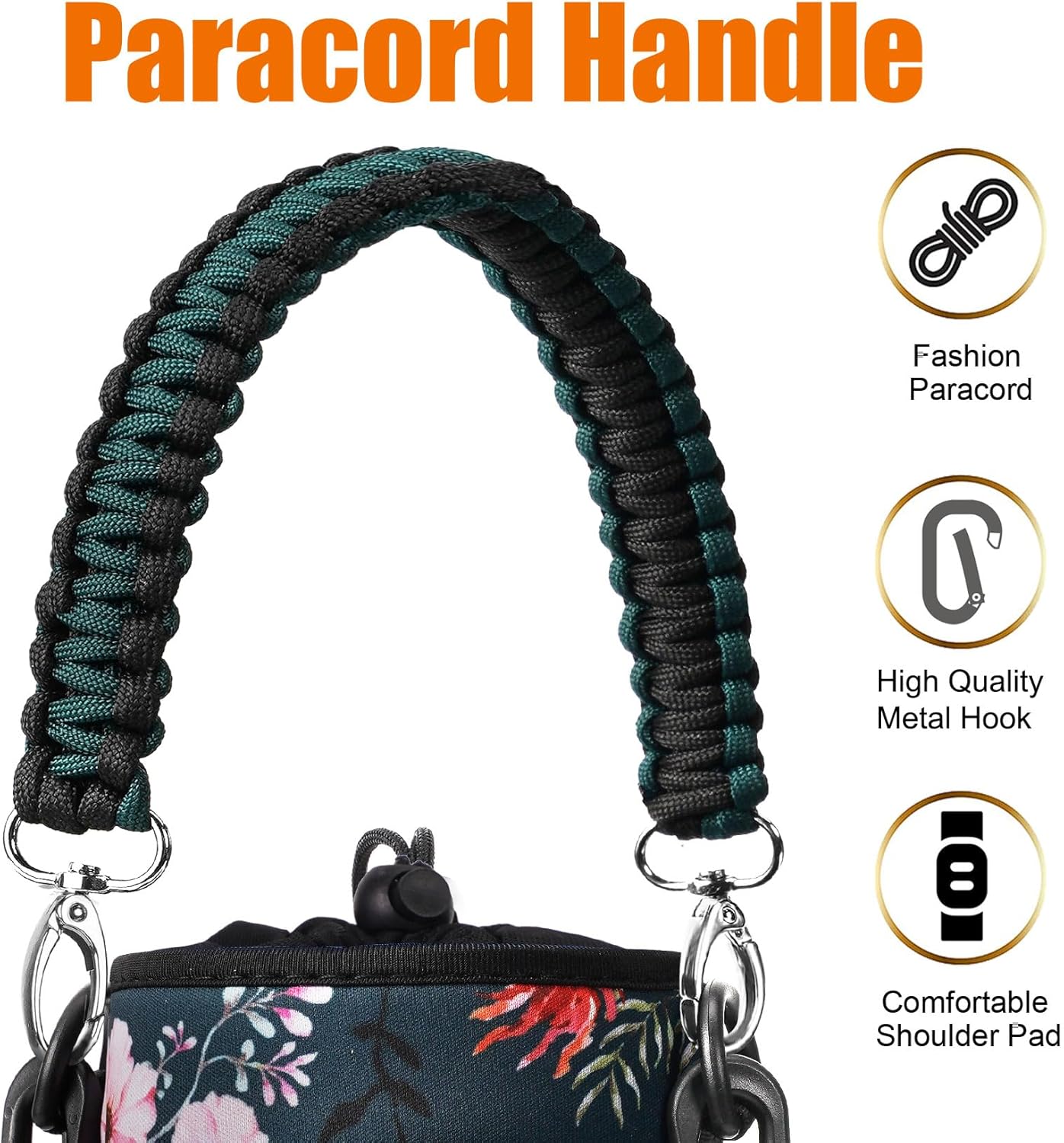 AceTreker 32/40/64/128 oz Neoprene Insulated Water Bottle Carrier Bag, Sling Bag Sleeve Pouch Holder with Strap & Paracord Handle and 2 Pocket for Travelling, Hiking, Camping