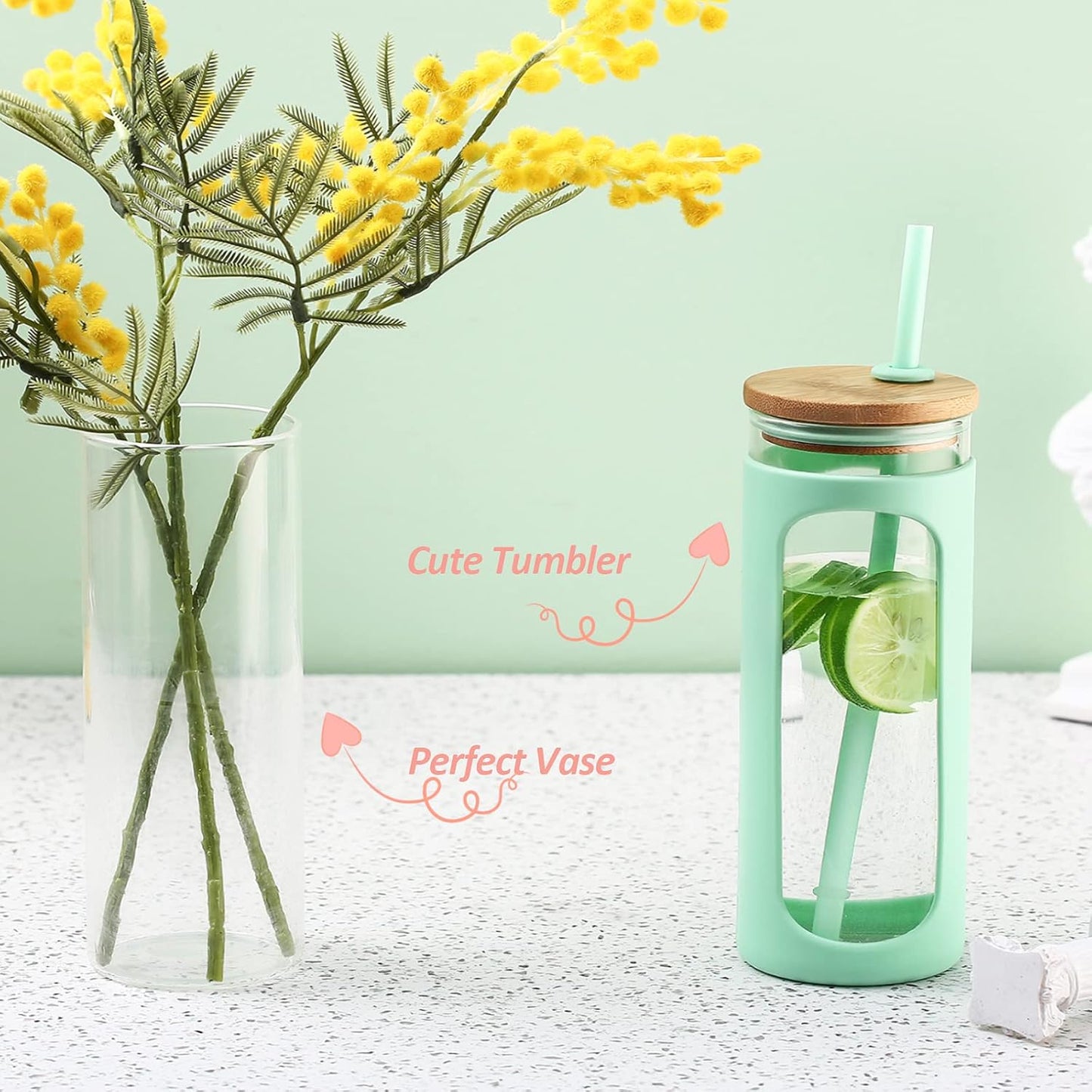 Kodrine 20oz Glass Water Tumbler with Straw and Lid, Bamboo Lids Water Bottle, Iced Coffee Cup Reusable, Wide Mouth Smoothie Cups with Protective Silicone Sleeve BPA FREE-Black - Colors A