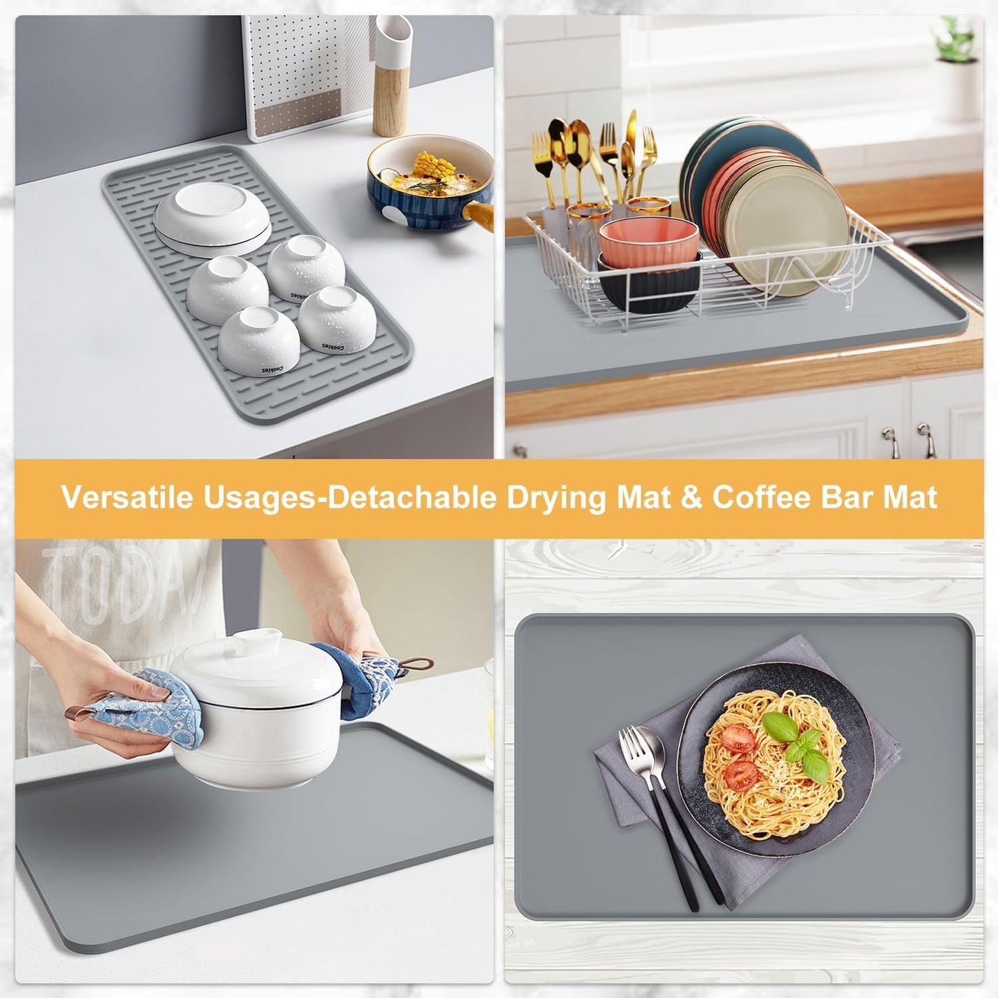 Silicone Coffee Mat, 24''x16'' Bar Mat with Detachable Dish Drying Mat - Fits Under Coffee Maker & Dish Rack