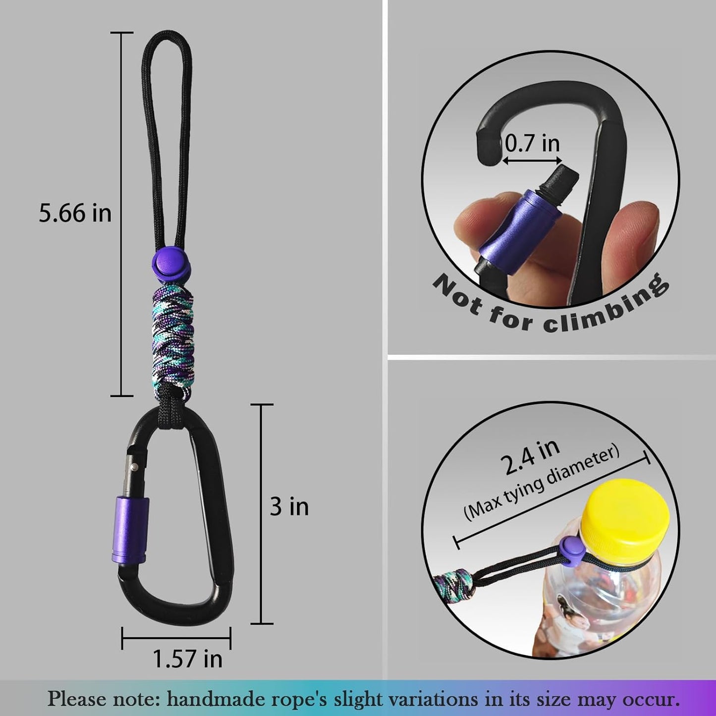 Paracord Keychain/Carabiner Clip - Jaymokes D Ring Metal Hook for Water Bottle, Key, Backpacks and More