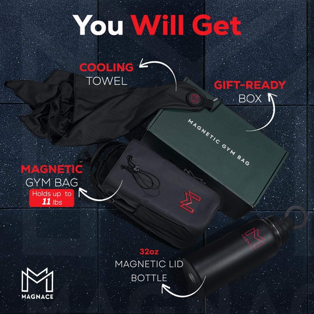 MAGNACE Magnetic Gym Bag Bundle, 3-in-1 Set with Water Bottle Holder, Magnetic Pouch, Towel & Sling Bag – For Men & Women