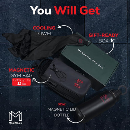 MAGNACE Magnetic Gym Bag Bundle, 3-in-1 Set with Water Bottle Holder, Magnetic Pouch, Towel & Sling Bag – For Men & Women