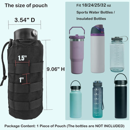 Tactical MOLLE Water Bottle Holder, Upgraded Water Bottle Pouch with Drawstring Open Top & Mesh Bottom, 16/24/25/32oz Water Bottle Carrier Bag with D-Ring Hook for Backpack