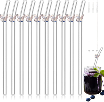 Meanplan 10 Pcs Cute Reusable Glass Straws with Design,8 mm x 7.9'' Shatter Resistant Butterfly Bow Clear Bent Glass Straw with Cleaning Brush for Drink Party Milkshakes Juice (Mixed Color)