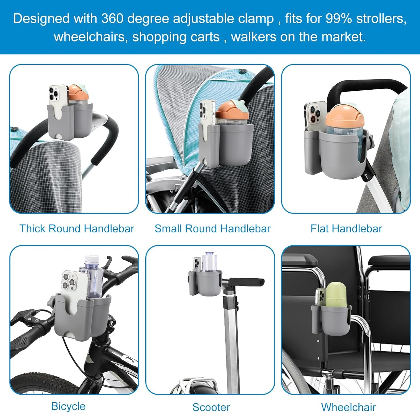 Accmor Stroller Cup Holder with Phone Holder, Bike Cup Holder, Universal Cup Holder for Uppababy Nuna Doona Strollers, 2-in-1 Cup Holder for Walker, Wheelchair, Scooter - Colors A