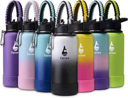 Farsea Insulated Water Bottle With Paracord Handle, Protective Silicone Boot and 2 Lids (Straw Lid & Spout Lid), Stainless Steel Water Bottle Wide Mouth, Double Wall Sweat-Proof BPA-Free, 24 oz