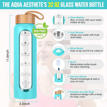 Aqulea Glass Water Bottles 25 Oz with Silicone Sleeve - BPA Free Reusable Wide Mouth Glass Motivational Water Bottles with Fruit Infuser – Leak Proof Borosilicate Water Bottle with Time Marker (White)