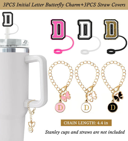 （3 +3) 3PCS Nuozme Straw Cover 10mm For Stanley Tumbler Cup Reusable Straw Cap Topper with 3 Initial Letter Charms Accessories Name ID Personalized Handle Charm For Stanley 30&40 Oz Cup Tumbler - Colors B