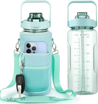 Half Gallon Water Bottle with Sleeve, 64OZ Motivational Water Bottle with Straw & Time Marker, BPA Free Leakproof Gym for Sport Workout