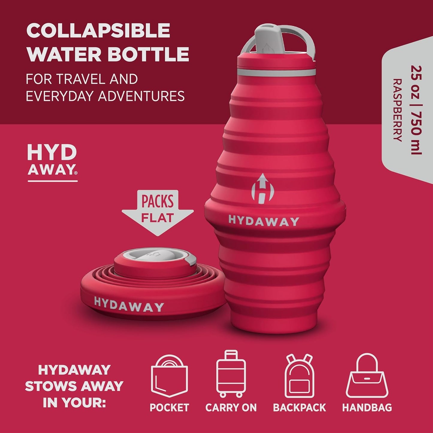 HYDAWAY 25oz Collapsible Travel Water Bottle - BPA-Free, Leakproof, Lightweight, Space-Saving - Perfect for Hiking, Travel, and All-Day Hydration