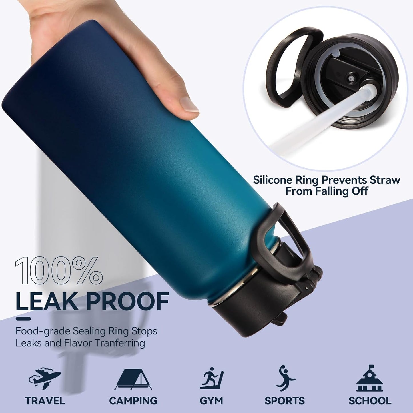 Neihepal 32 oz Insulated Water Bottle with 2 Lids (Straw & Spout Lid), 18/8 Stainless Steel Double Wall Water Bottles for Gym, Travel, Camping, Sports (Silver,1 Pack)