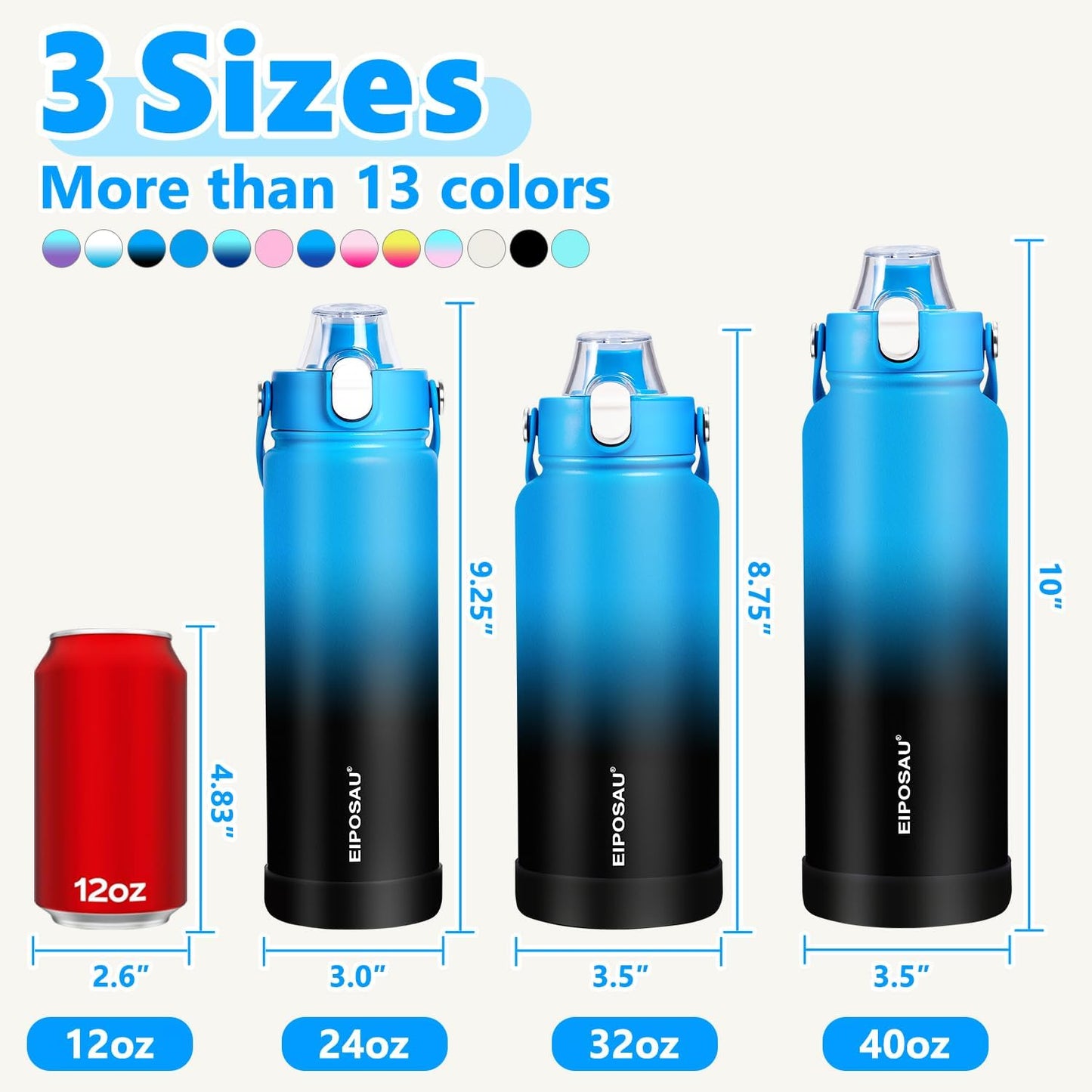 Insulated Water Bottle with Lid & Boot & Stickers, 24 oz Stainless Steel Sweat Free Bottle Keep Cold 24H, BPA-Free Sports Wide Mouth Water Bottle, BlueBlack