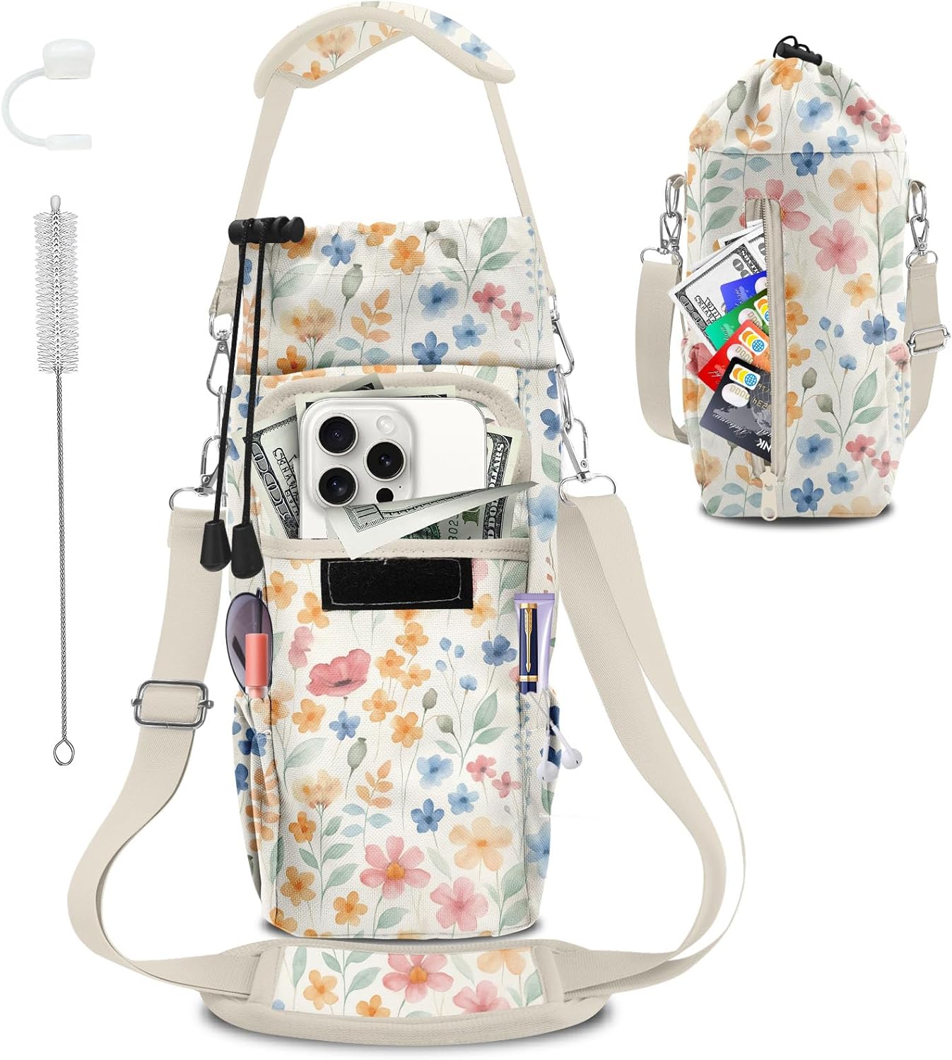 Water Bottle Carrier Bag with Phone Pocket for Stanley Cup 30/32/40 oz Tumbler with Adjustable Strap,Insulated Water Bottle Holder Pouch Crossbody Sling for Walking Travel