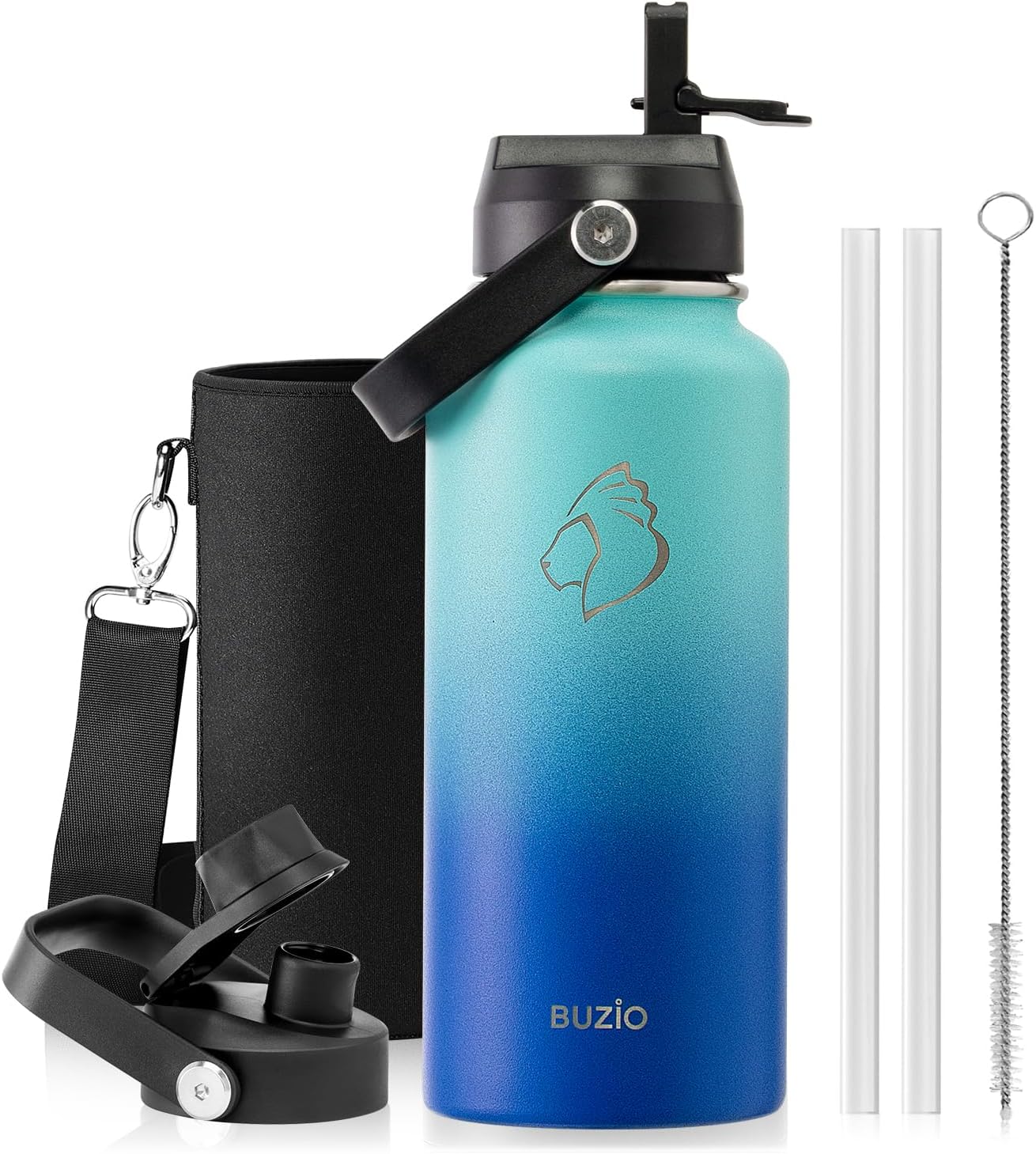 BUZIO 40oz Insulated Water Bottle, Triple Wall Vacuum Stainless Steel Water Flask with 2 lids, Lead-Free BPA-Free Straw Lid Sports Canteen Jug, Cold 48H & Hot 24H- Black - Colors B