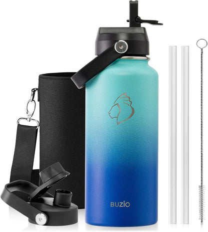 BUZIO 40oz Insulated Water Bottle, Triple Wall Vacuum Stainless Steel Water Flask with 2 lids, Lead-Free BPA-Free Straw Lid Sports Canteen Jug, Cold 48H & Hot 24H- Black - Colors B