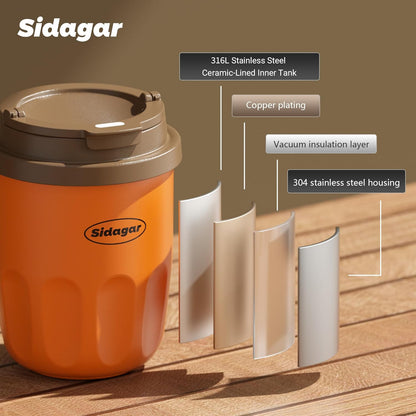 Travel Coffee Mug 10 oz Ceramic Lined Tumbler, Double Wall Stainless Steel Coffee Cup with Lid, Vacuum Spill Proof Mini Water Bottle, Insulated Thermal Mug for Home Office, Orange