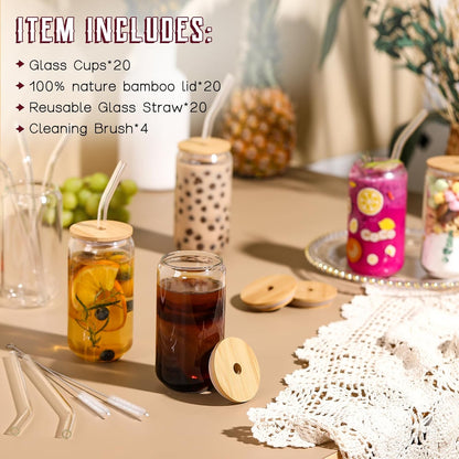 Drinking Glasses with Bamboo Lids and Glass Straw 4pcs Set - 16oz Glass Cups, Iced Coffee Glasses, Cute iced Tea Glasses, Beer Glasses, Ideal for Coffee Bar Accessories, Aesthetic Gift - 2 Brushes