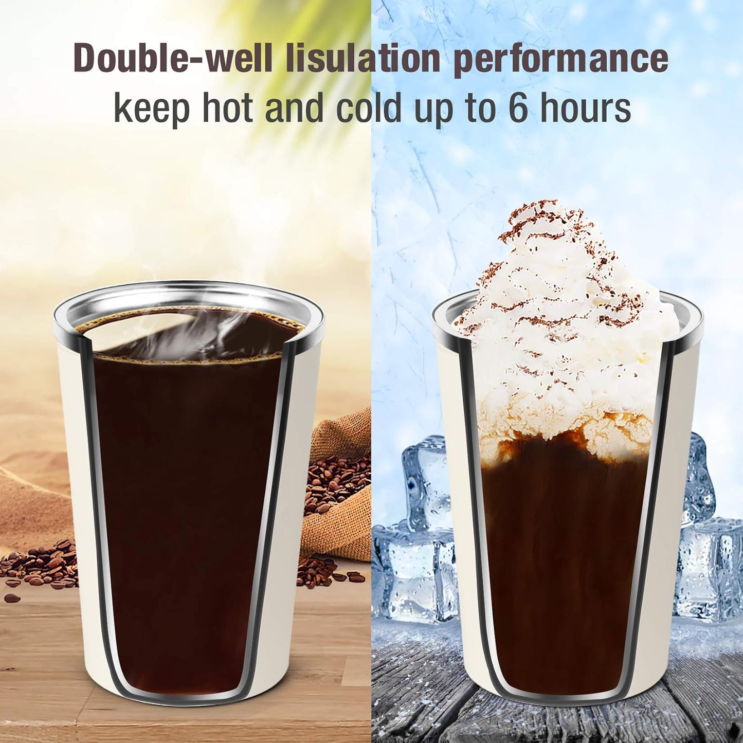 17oz (510ml) Vacuum Insulated Coffee Travel Mug, Leak proof Double Wall Stainless Steel Reusable Cup with Lid, Thermal Tumbler for Hot and Cold Drinks, Matte Texture White