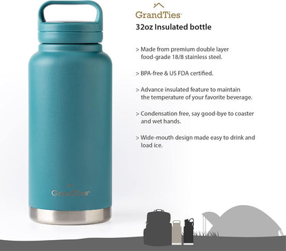 GRANDTIES 2 Lids Sports Stainless Steel Water Bottles – Wide Mouth Vacuum Insulated Reusable Leak Proof BPA-Free Travel Metal Canteen, Thermal Bottles for Men Women Gym (Ivory White 32 oz)