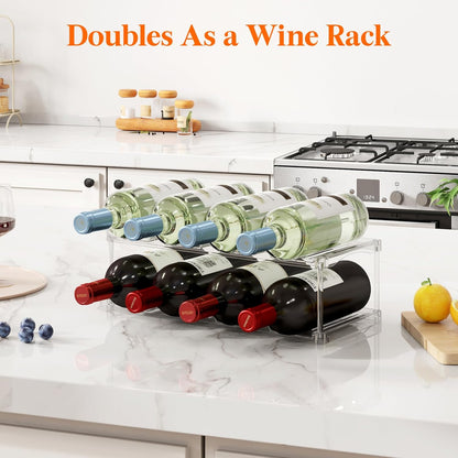 Lifewit Stackable Bottle Storage Organizer, Clear Freestanding Wine Holder for Cabinet, Large Slot Water Bottle Tumbler Cup Organizer for Pantry, Plastic Wine Rack for Fridge Cellar, 3Tier Hold 9