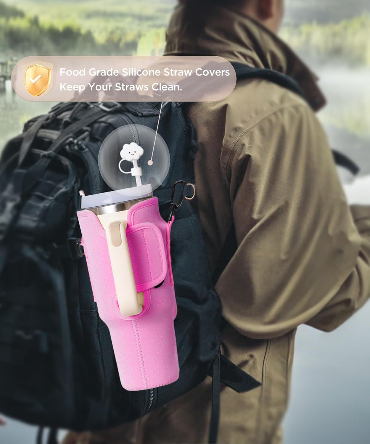 dabria Water Bottle Carrier Bag with Phone Pocket for Stanley 40/30 oz Tumbler Neoprene Water Bottle Holder Pouch with Adjustable Strap Bollus with Straw Cover for Stanley Cup Accessories