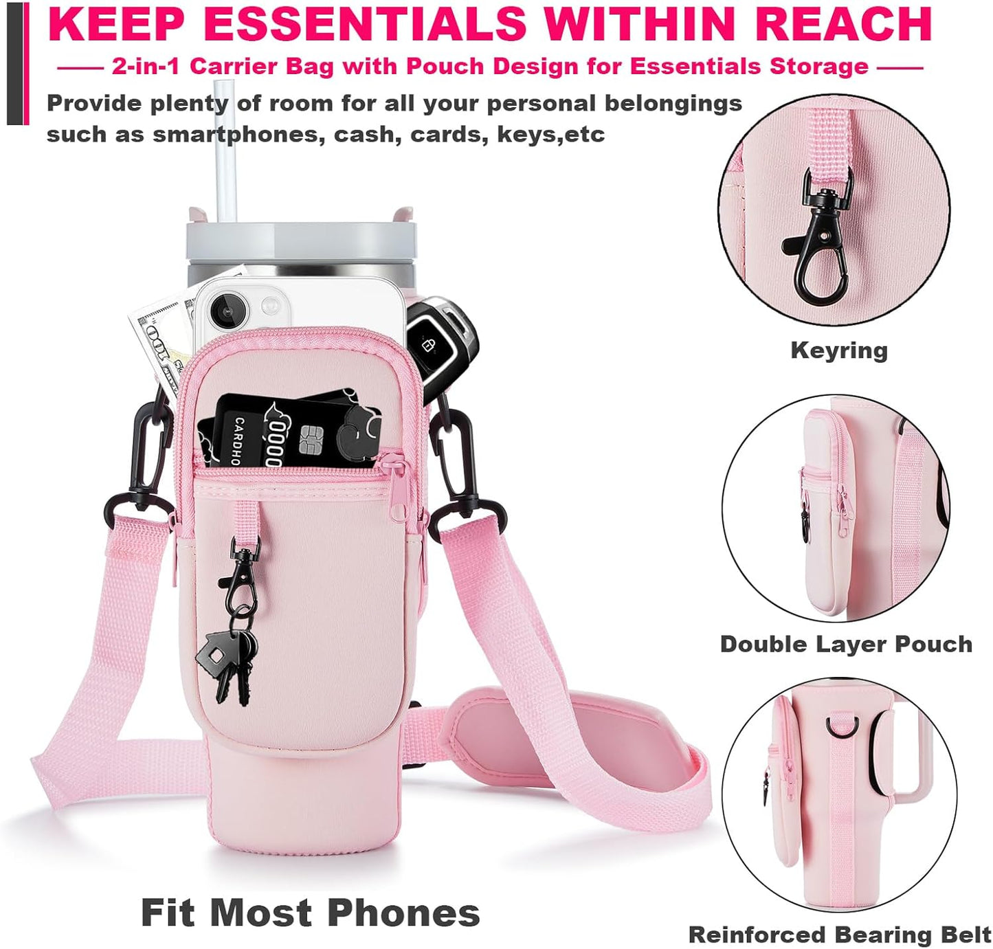 BULKITEM Water Bottle Carrier Bag with Phone Pocket for Stanley 40 & 30 oz Tumbler with Handle,Pink Insulated Neoprene Cup Holder Pouch w/Adjustable Strap for Quencher H2.0 Stanley Cup Accessories