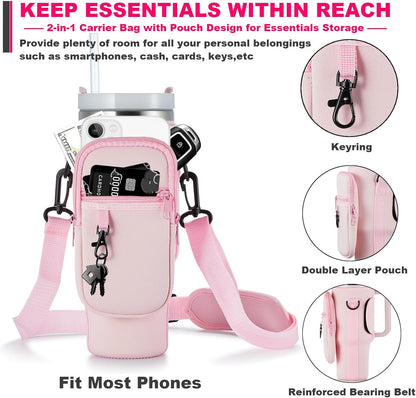 BULKITEM Water Bottle Carrier Bag with Phone Pocket for Stanley 40 & 30 oz Tumbler with Handle,Pink Insulated Neoprene Cup Holder Pouch w/Adjustable Strap for Quencher H2.0 Stanley Cup Accessories