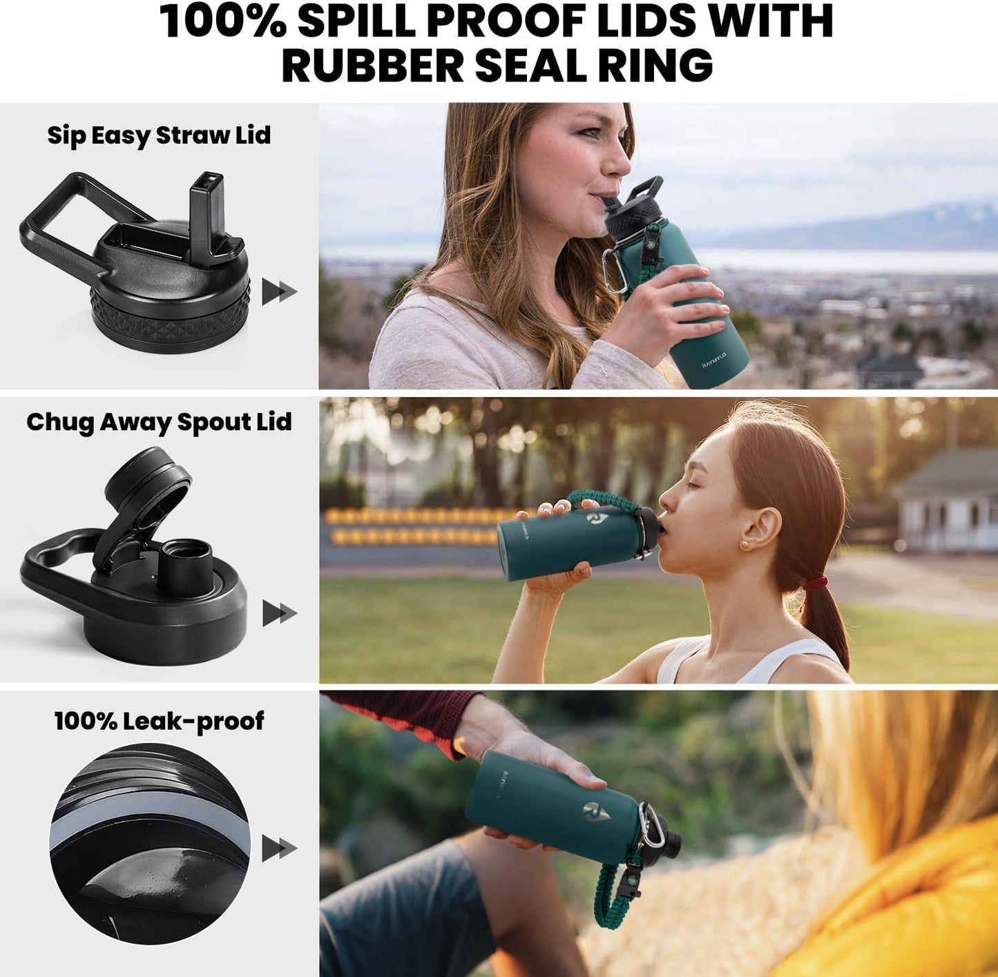 RAYMYLO One Gallon Water Bottle Insulated, Triple Walled Vacuum Stainless Steel (Cold for 48 Hrs), Leak Proof & Non-BPA, Large Water Flask Jug with Paracord Handle & Straw Spout Lids