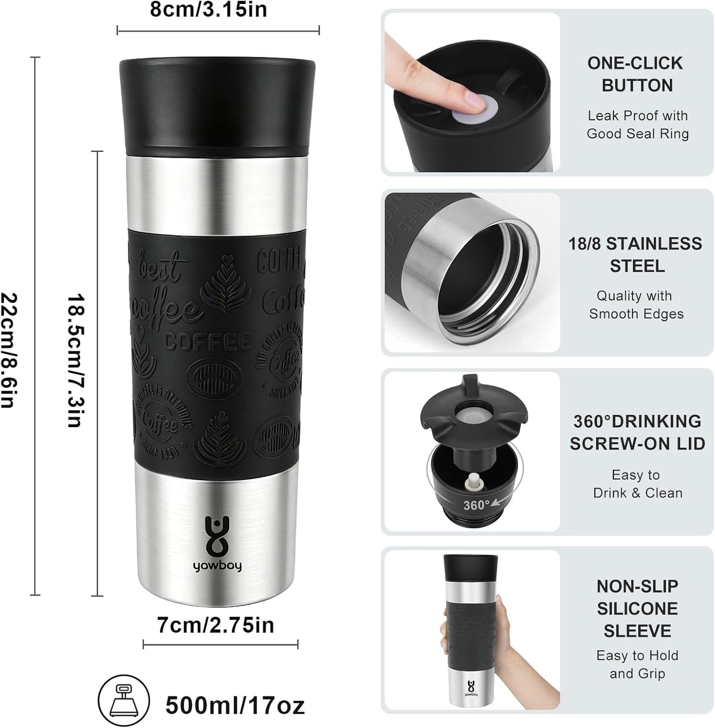 Travel Coffee Mug with 360°Lid, Travel Coffee Tumbler 16 oz Leak Proof, Stainless Steel Insulated Travel Mugs for Hot and Cold Spill Proof Leak Proof (Purple)