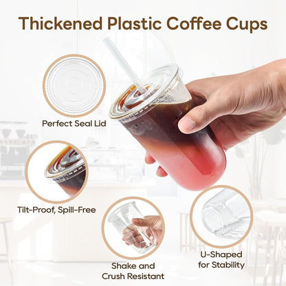 Vplus 100 Pack 12 oz Iced Coffee Cups with Lids, Disposable Plastic Cups with Lids and Straws for Cold Beverages, Juice, Milkshakes, Coffee Shops, Parties and Daily Use