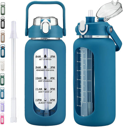 64oz Glass Water Bottles with Straw, Half Gallon Motivational Glass Bottle with Silicone Sleeve and Time Marker, 2L Leakproof Large Glass Water Jug for Gym Home Office,olive