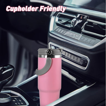 30 oz Tumbler with Handle and Straw Lid, Double Walled Vacuum Insulated Water Bottle Leakproof Tumbler Travel Coffee Mug Thermal Cup, Cupholder Friendly for Office, Home, Sport, Pink