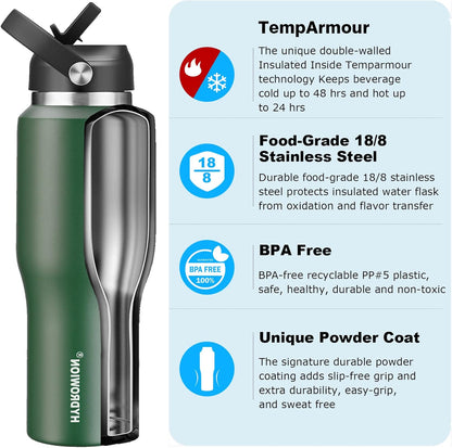 HYDROWION 32oz Stainless Steel Water Bottle(Cold for 48 Hrs, Hot for 24 Hrs),Double Wall Vacuum Insulated Water Bottle with Straw Lid, Spout Lid and Flex Cap, Fit in Any Car Cup Holder,Black