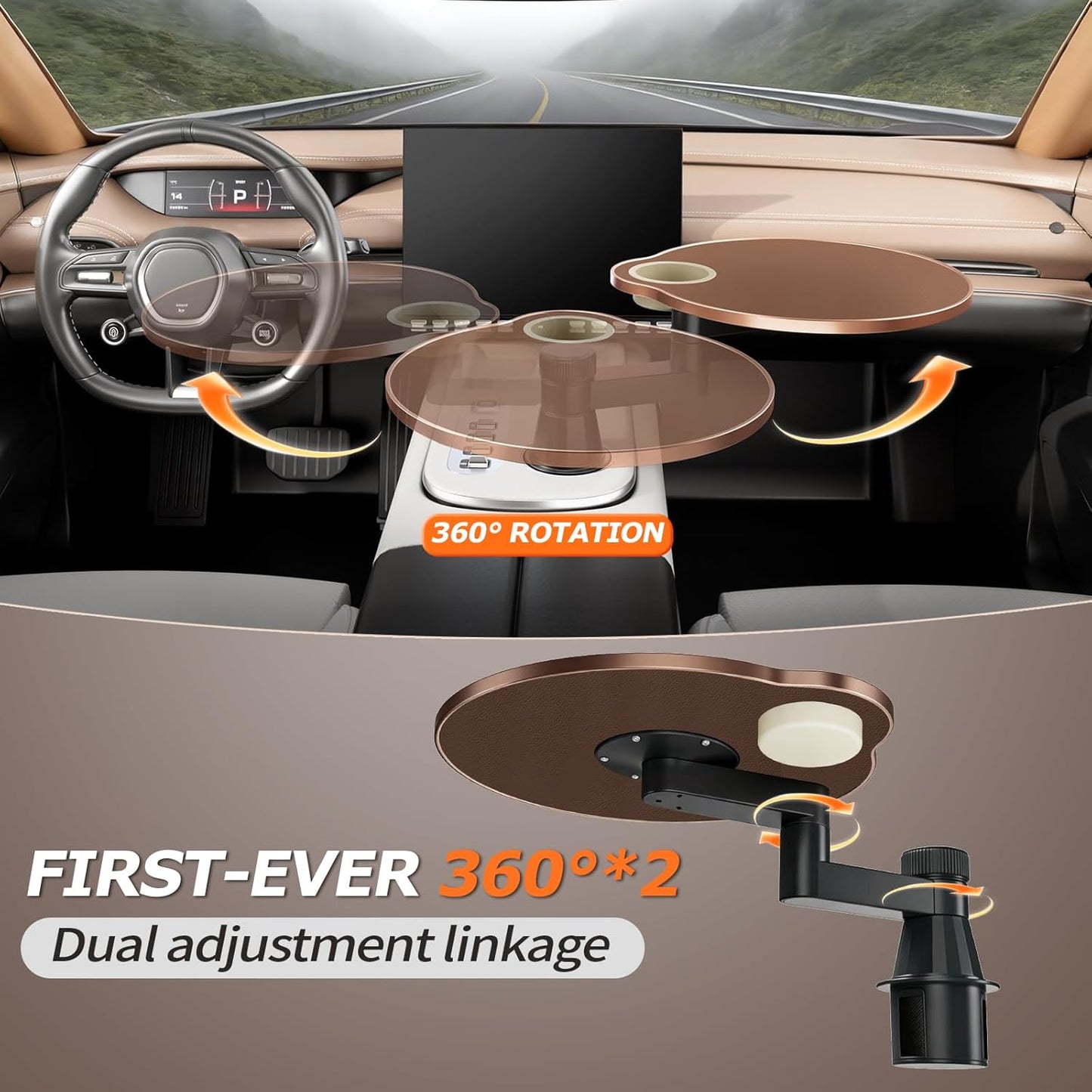 Car Cup Holder Tray Desk, 360° Rotating Black Walnut Solid Wood Food Car Table - Steering Wheel Tray Road Trip Essentials Accessories for Tesla Model Y/3/S, Ford F150 Most Vehicles