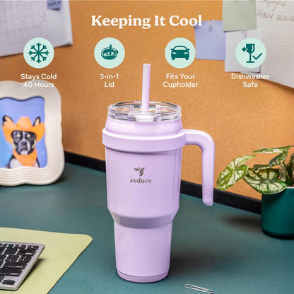 REDUCE 24 oz Stainless Steel Tumbler with Handle - Dual-Wall Vacuum Insulated Travel Mug, Sweat-Proof Lid & Reusable Straw - Keeps Drinks Cold for 24 Hrs, Fits Cupholders, Dishwasher Safe - Lilac Bud