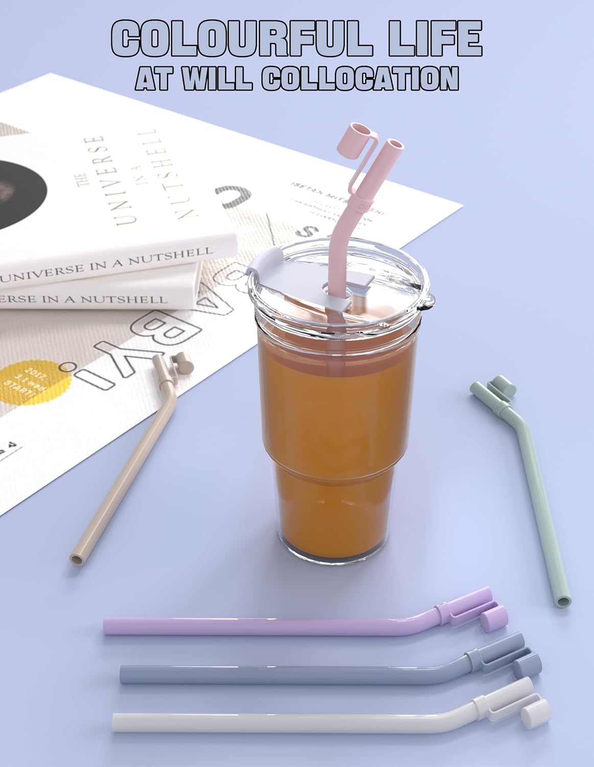 Doboli 10 inch Silicone Reusable Bendy Straw Flexible Straws With Straw Cover, Compatible with 20 oz 30 oz 32 oz Cup Tumbler Non Rubber, 6 Pack Smoothie Silicone Straws Straw with Cleaning Brush