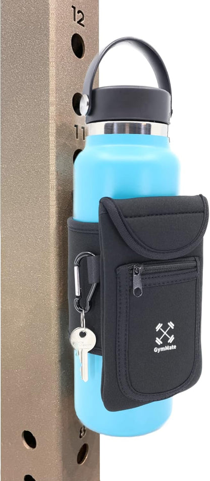 Gym Mate Magnetic Water Bottle Sleeve Pouch for Gym. Attaches Magnetically to Metal Surface so Your Bottle is Always Within Reach. Accessory Pockets for Cell Phones, Key, Cards, Headphones.