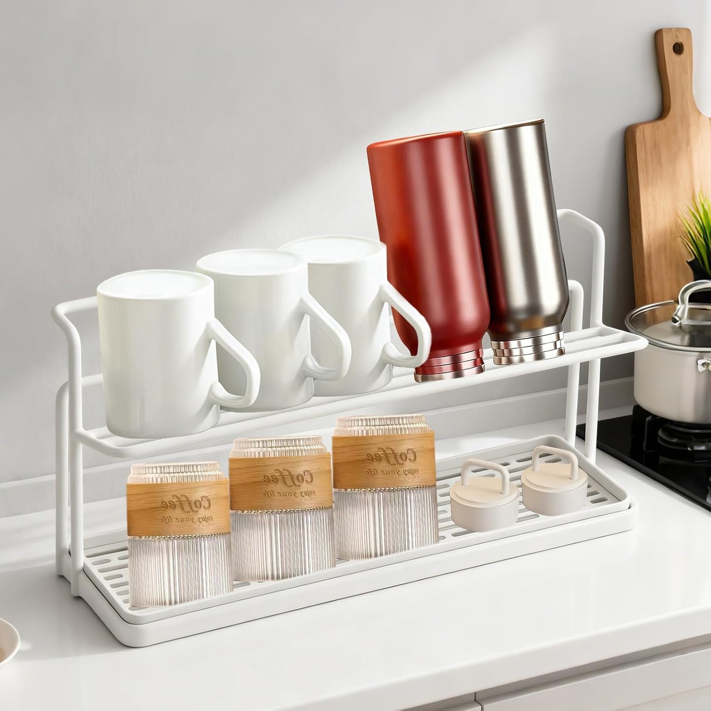 Water Bottle Drying Rack Cup Storage with Drain Tray Mug Organizer for Kitchen - 2 Tiers (Black)