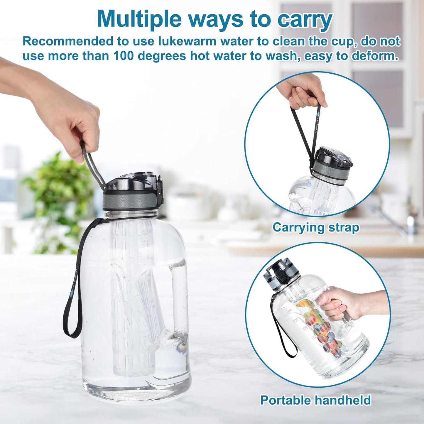 UTEBIT 32 OZ Fruit Infuser Water Bottle, Insulated Sports Water Bottle With Straw, 1L BPA Free Leak Proof Tritan Large Water Jug with Strap for Gym, Camping, Travel, Outdoor