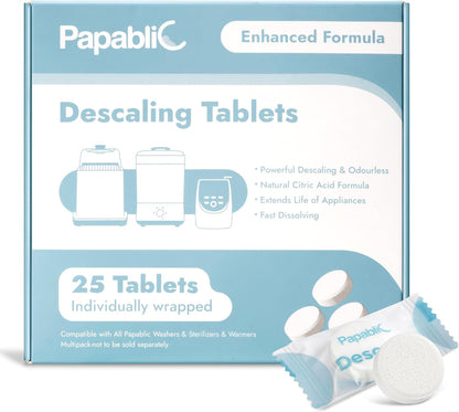 Papablic Descaling Tablets, 25 Count – Compatible with Baby Brezza, Momcozy, Bottle Washer, Warmer, Sterilizer & Formula Maker – Removes Milk & Limescale for Better Performance