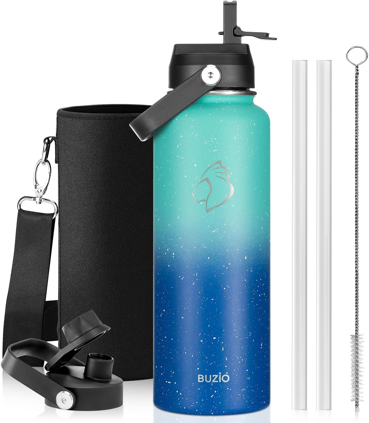 BUZIO 40oz Insulated Water Bottle, Triple Wall Vacuum Stainless Steel Water Flask with 2 lids, Lead-Free BPA-Free Straw Lid Sports Canteen Jug, Cold 48H & Hot 24H- Black - Colors A