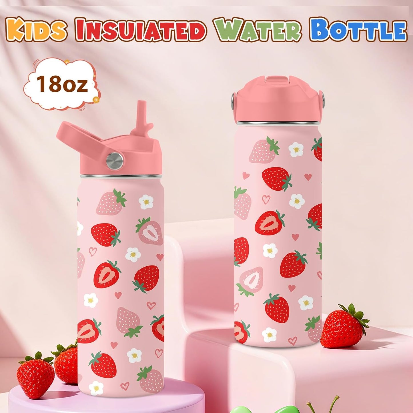 Strawberry Gifts for Kids - 16oz Pink Kids Water Bottle with Straw Lid, Stainless Steel Insulated Water Bottle, Leakproof, BPA-Free, for Girls, School, Strawberry Lover Children Birthday Gift Cup(1pc)