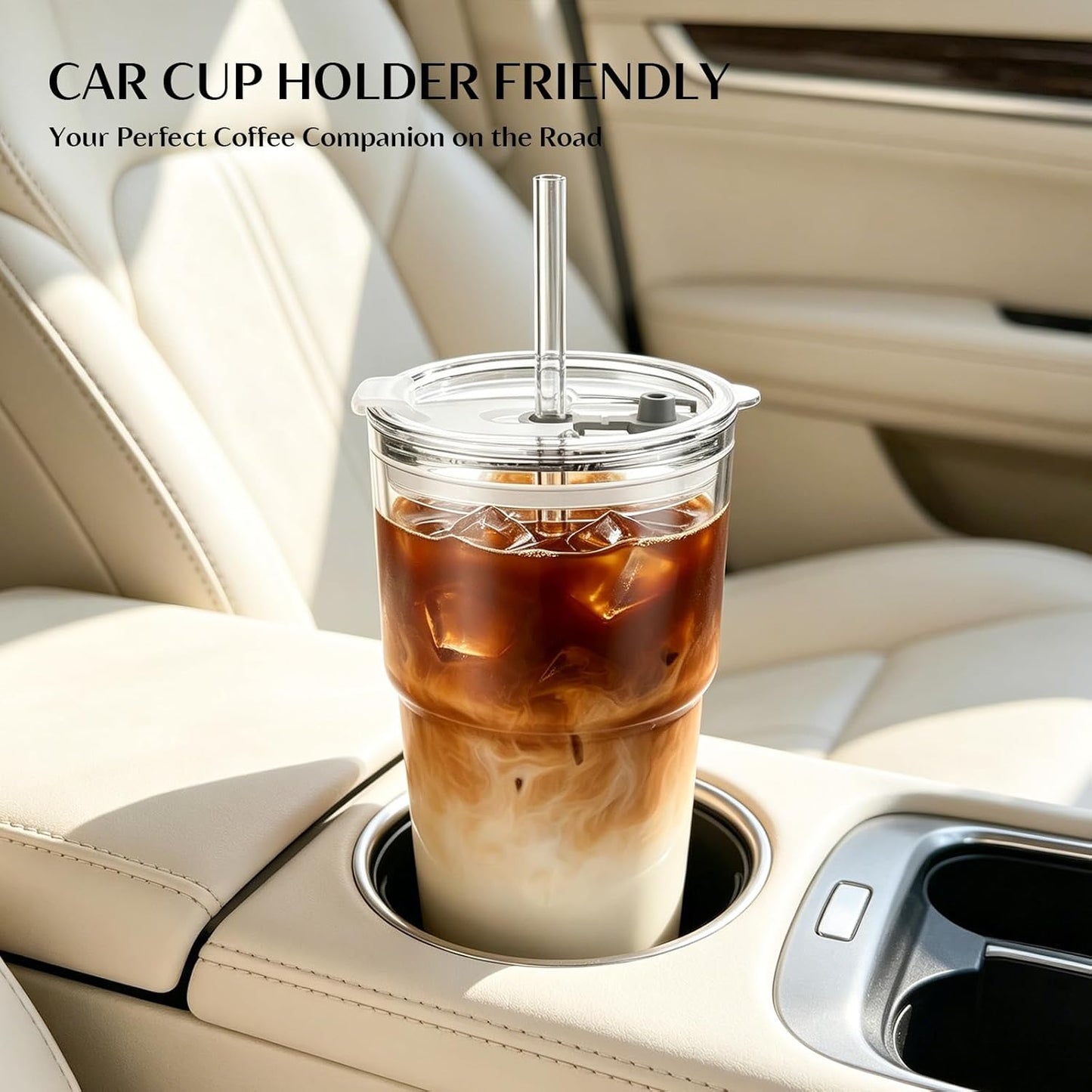 INSETLAN 13oz Portable Glass Tumblers Set of 2, Thick Wall Glass Cups with Lid and Glass Straw, On-the-Go Coffee Cups for Iced Coffee, Tea, Milk, Hot & Cold Drinks, Travel & Daily Use