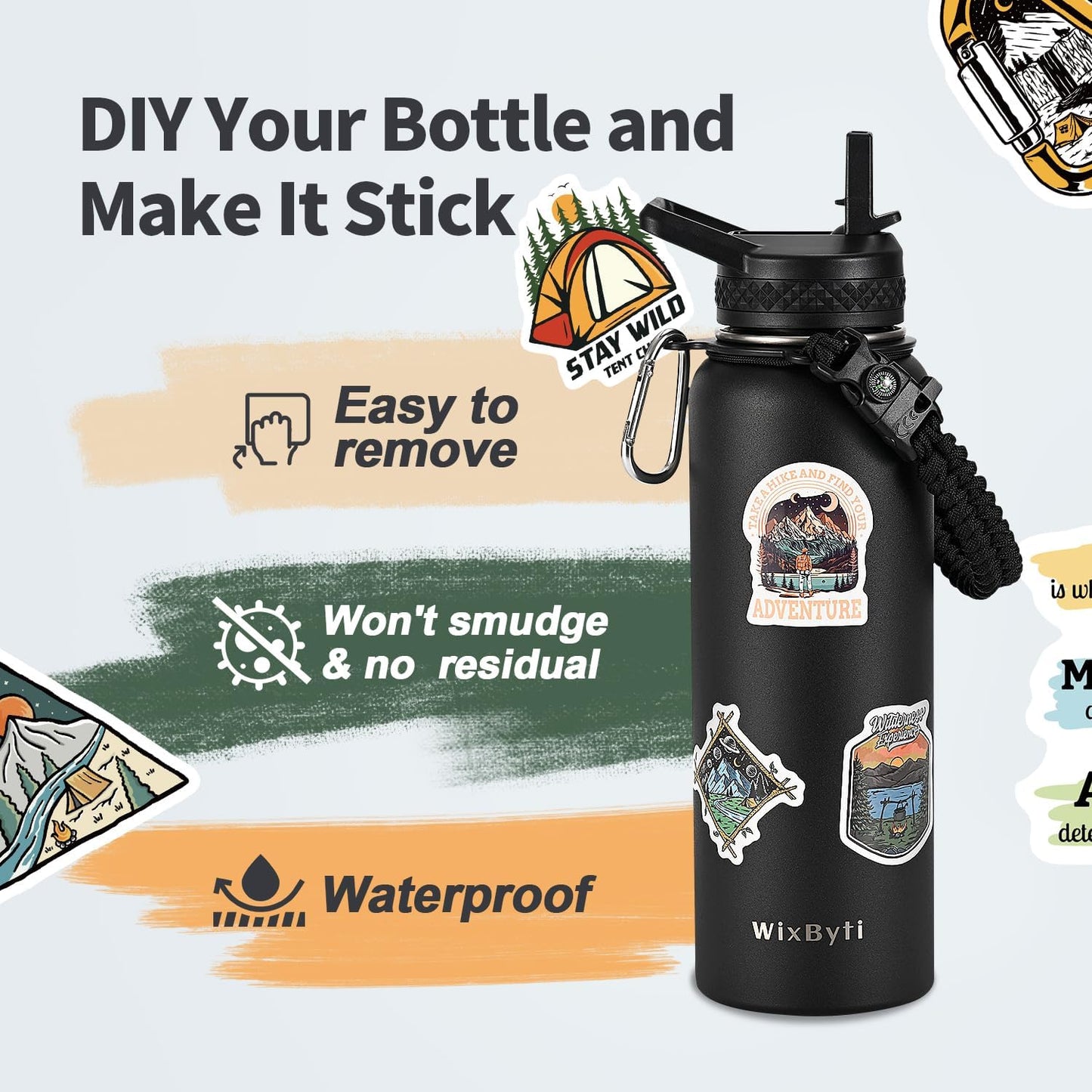 WixByti 40 oz Insulated Water Bottle with Straw (Cold for 36 Hrs), Stainless Steel Triple Wall Vacuum Sports Water Jug, Leakproof Hydro Cup Flask with Paracord Handle & Straw Spout Lids & DIY Stickers