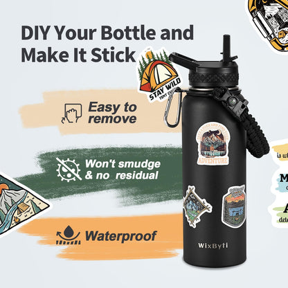 WixByti 40 oz Insulated Water Bottle with Straw (Cold for 36 Hrs), Stainless Steel Triple Wall Vacuum Sports Water Jug, Leakproof Hydro Cup Flask with Paracord Handle & Straw Spout Lids & DIY Stickers